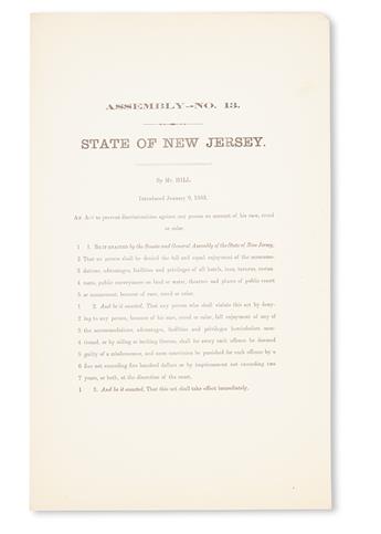 (CIVIL RIGHT.) HILL, JOHN. Assembly No 13. State of New Jersey. An Act to Prevent Discrimination against Any Person on Account of his R